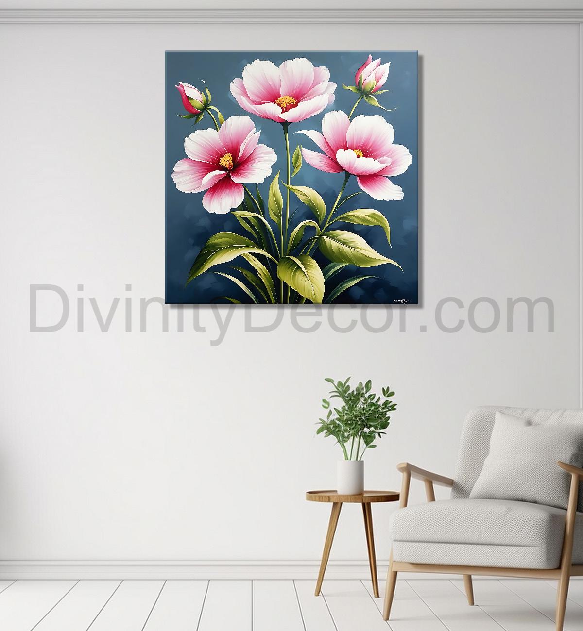Pink flowers in grey background textured painting - Flower-S-154