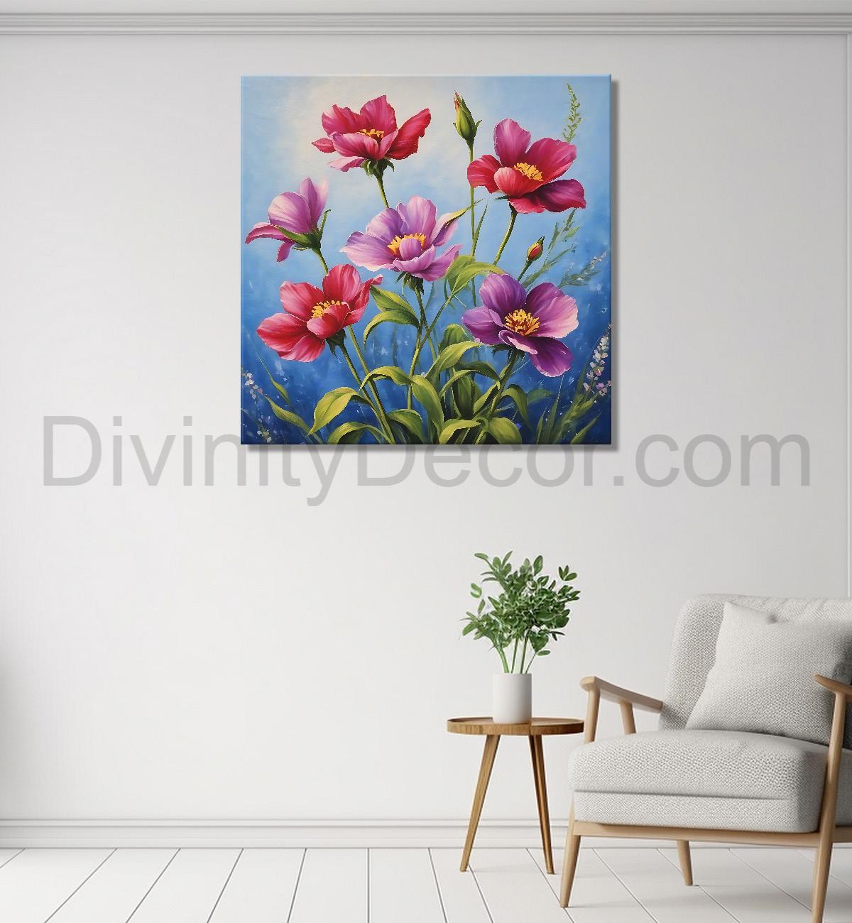 Pink flowers in blue background textured painting - Flower-S-155