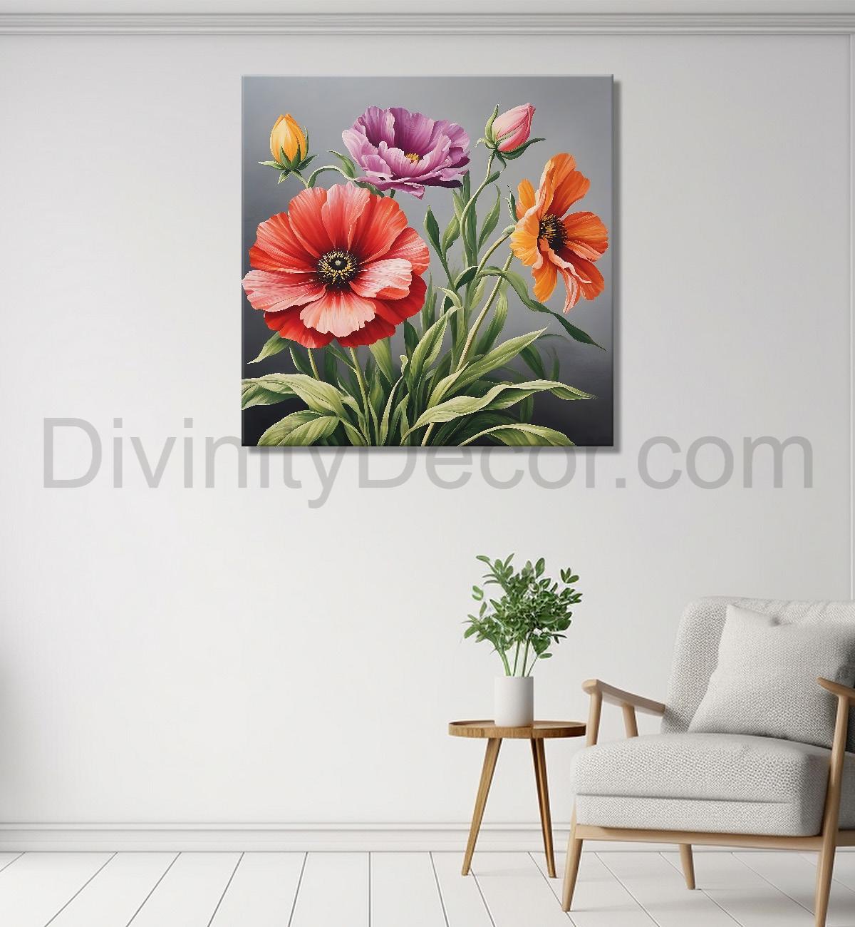 Orange and purple flowers in grey textured painting - Flower-S-157