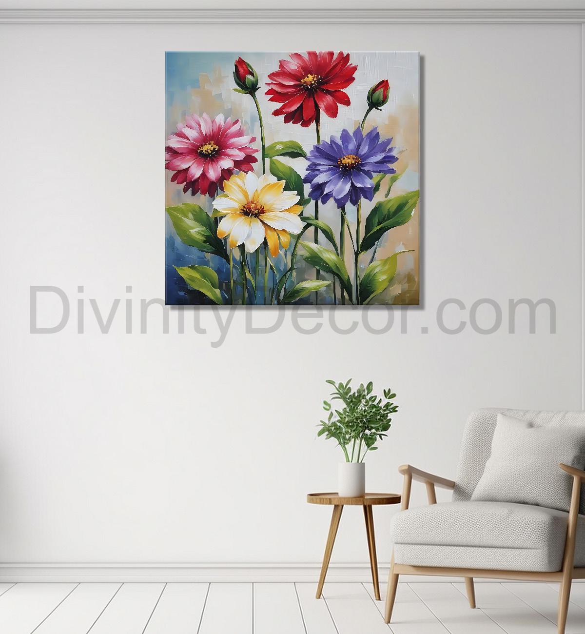 Colourful  flowers in grey textured painting - Flower-S-158