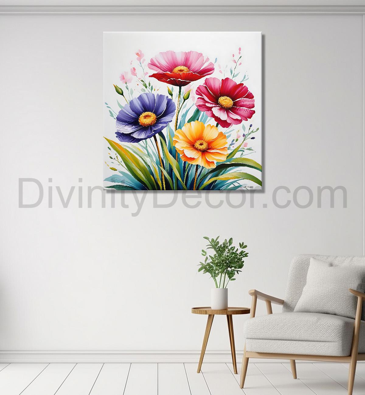 Colourful  flowers in white textured painting - Flower-S-159