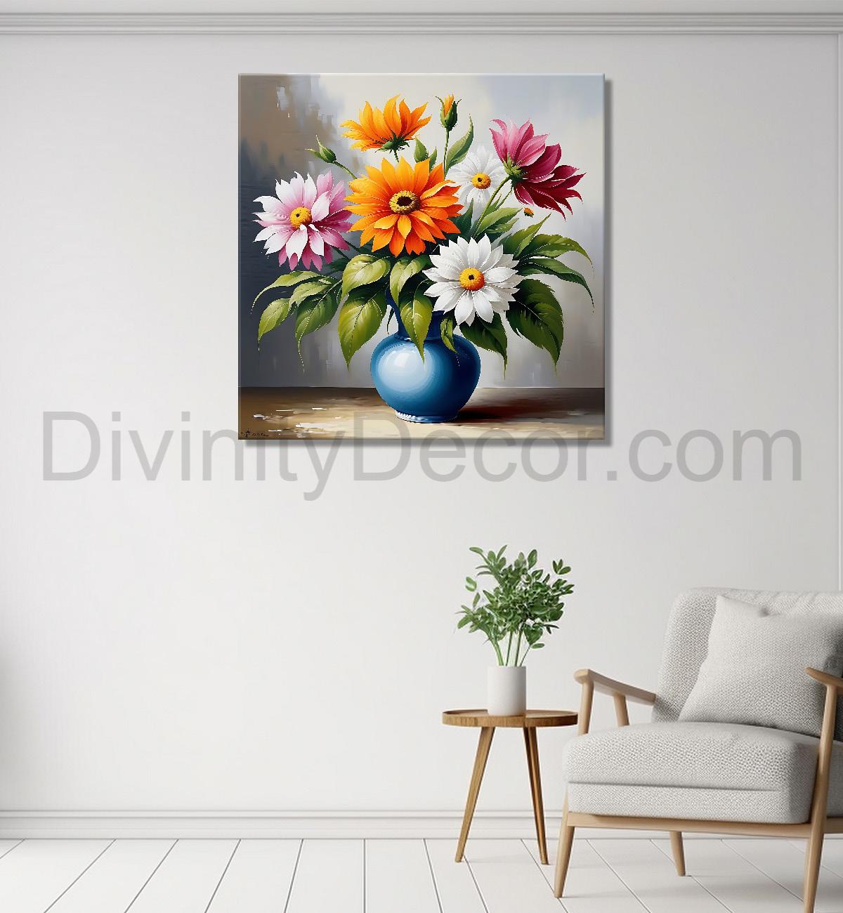 Colourful  flowers in a vas in grey textured painting - Flower-S-160