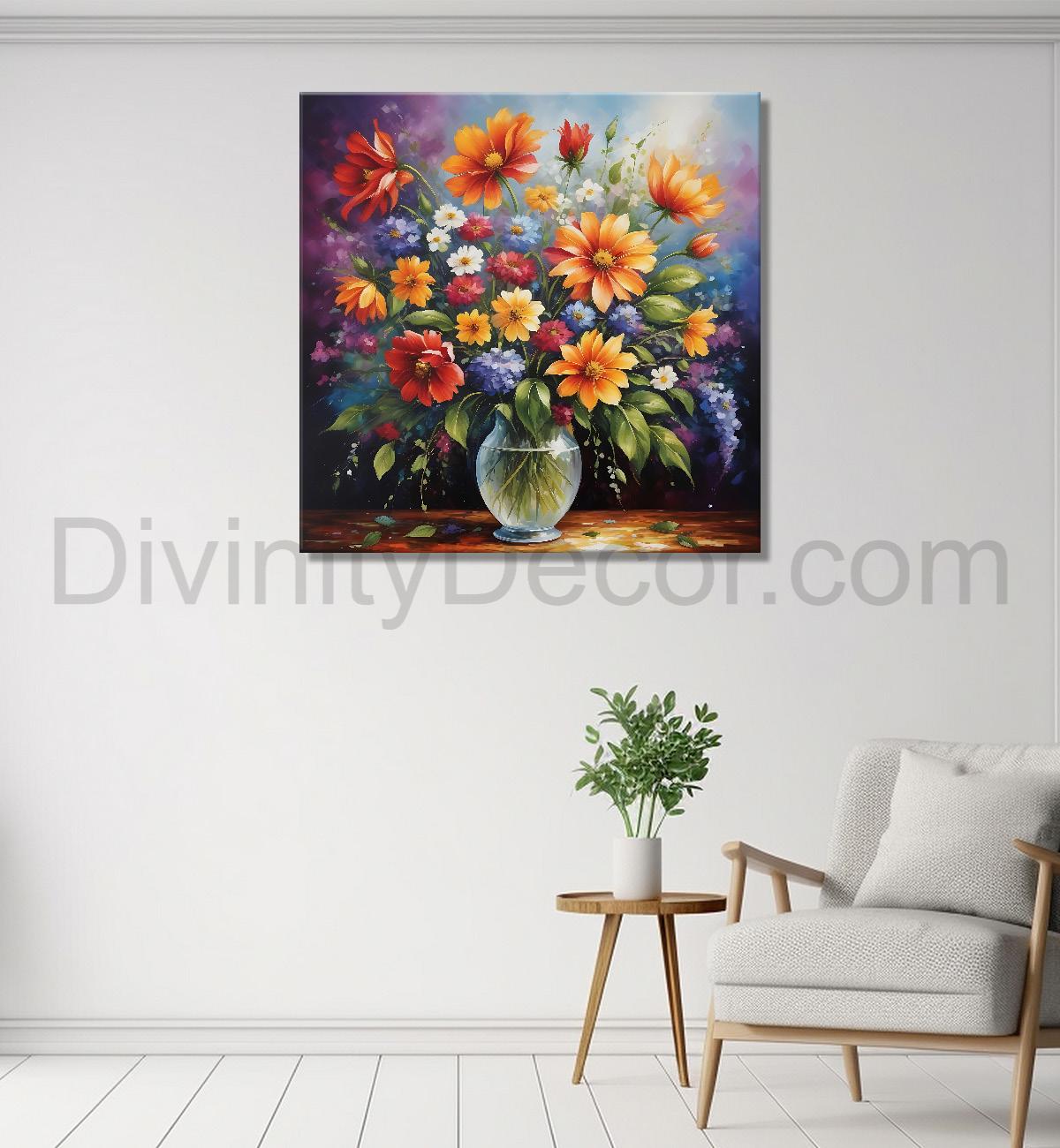 Colourful  flowers in a vas in dark textured painting - Flower-S-161