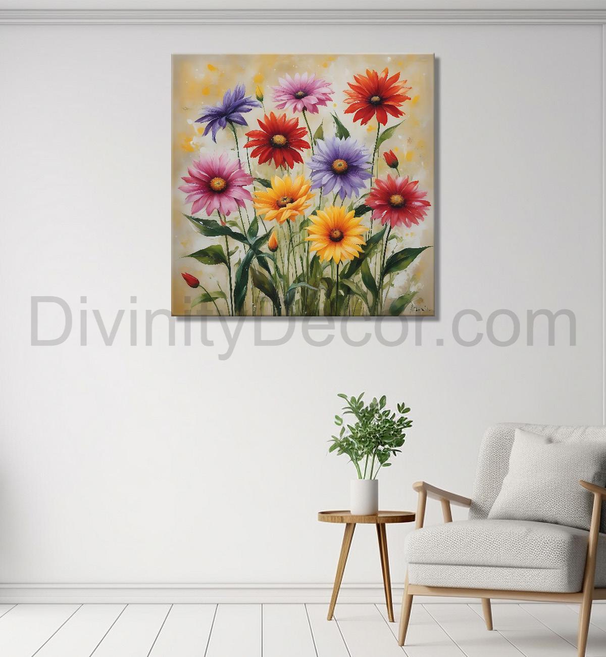 Colourful  flowers in light textured painting - Flower-S-162