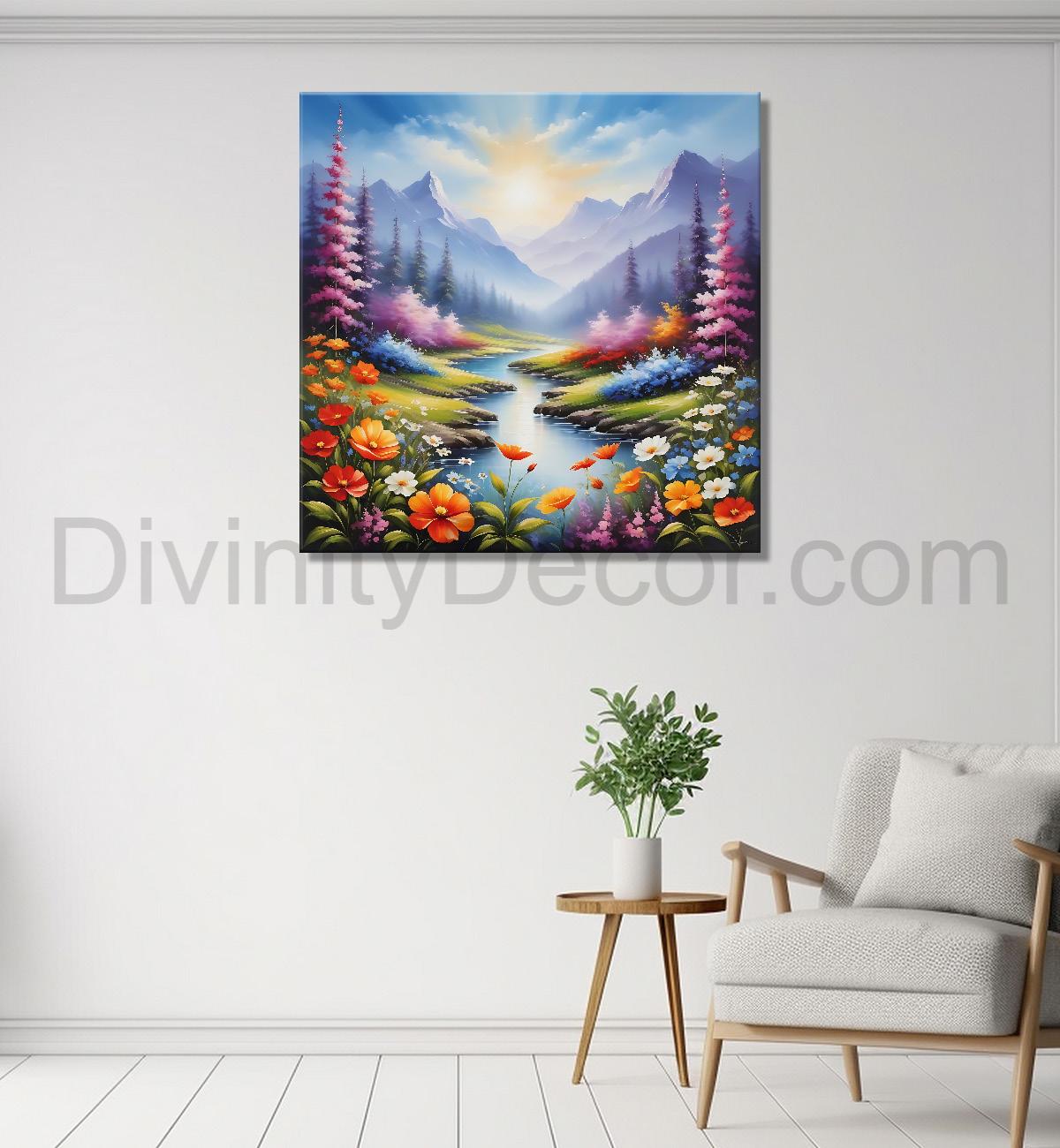 Mountains with pink trees and orange flowers with a lake textured painting - Flower-S-163