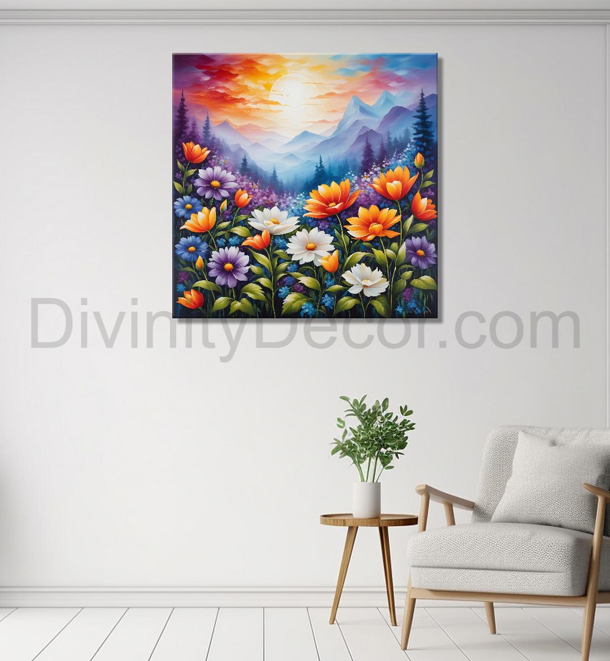Mountains with beautiful flowers textured painting- Flower-S-164