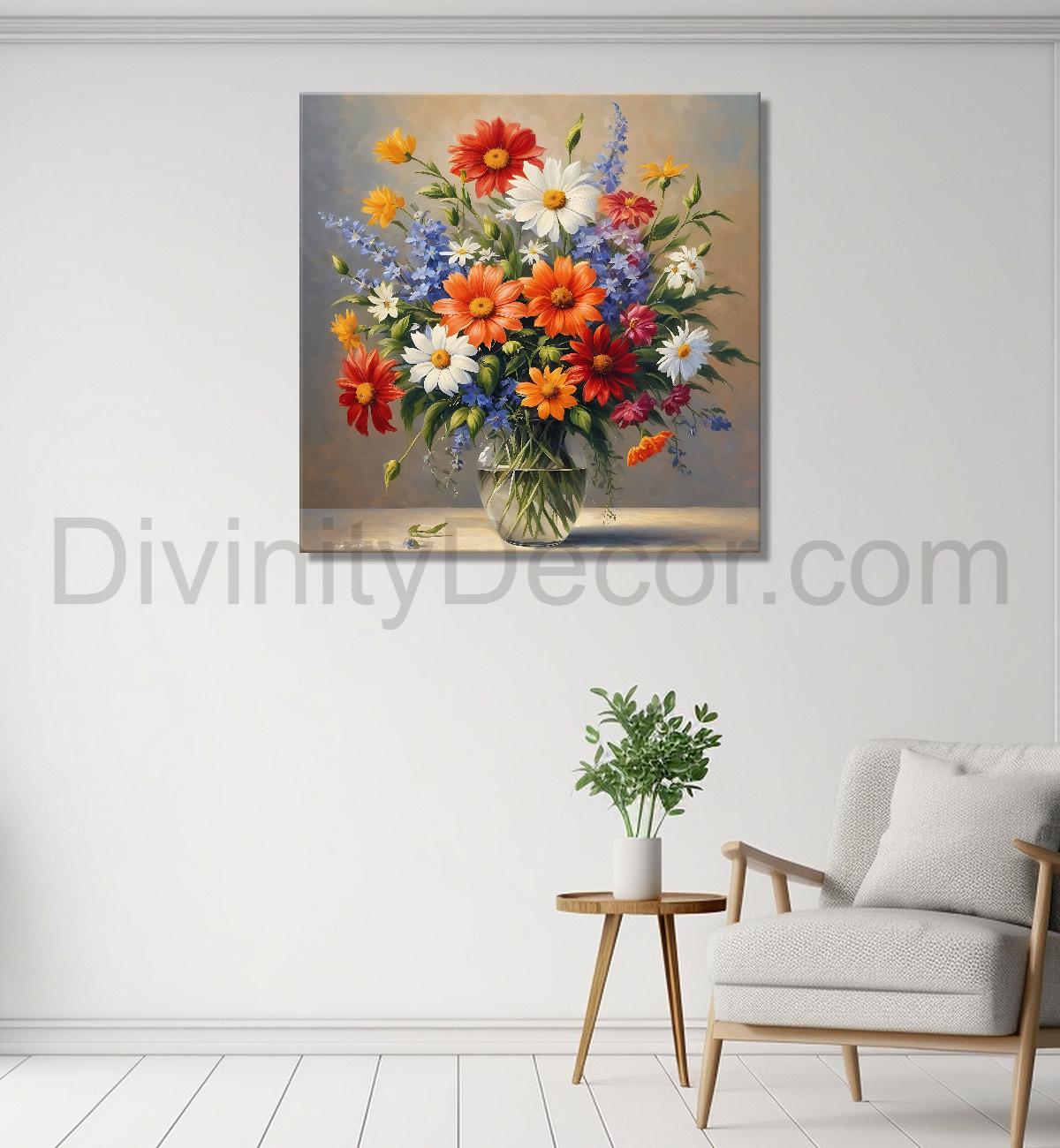 Colourful flowers in a vas in grey textured painting - Flower-S-165