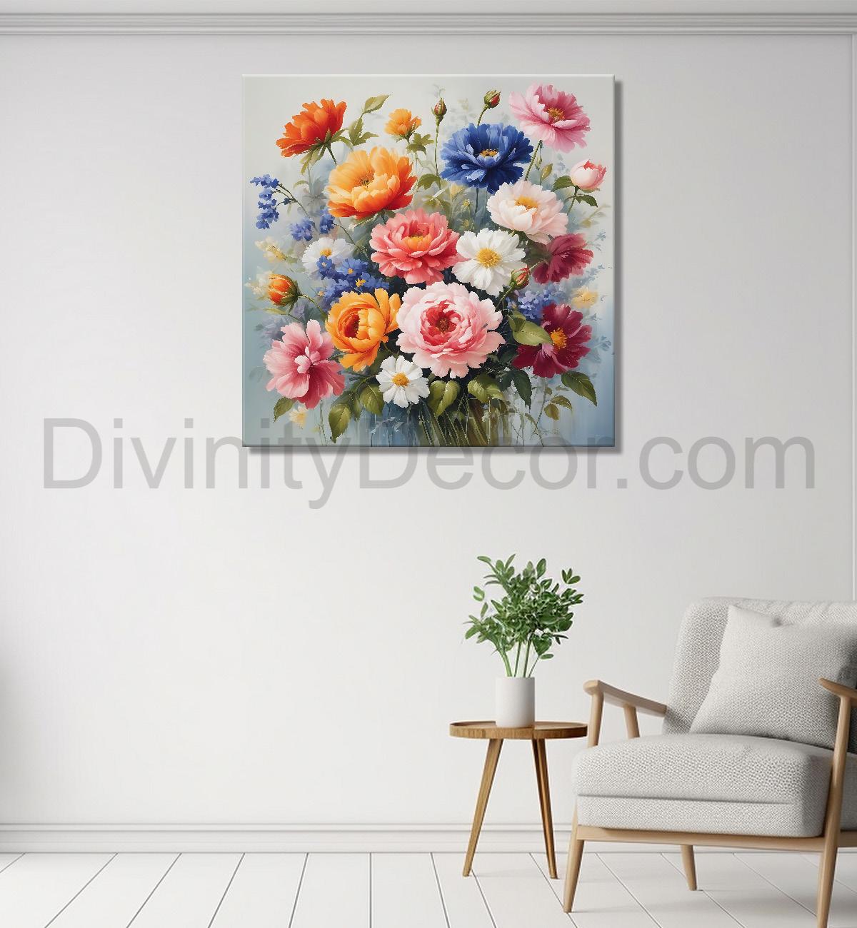 Colourful flowers in a vas in grey textured painting - Flower-S-166