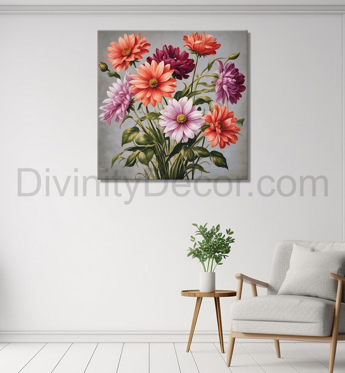 Colourful flowers in grey textured painting - Flower-S-167