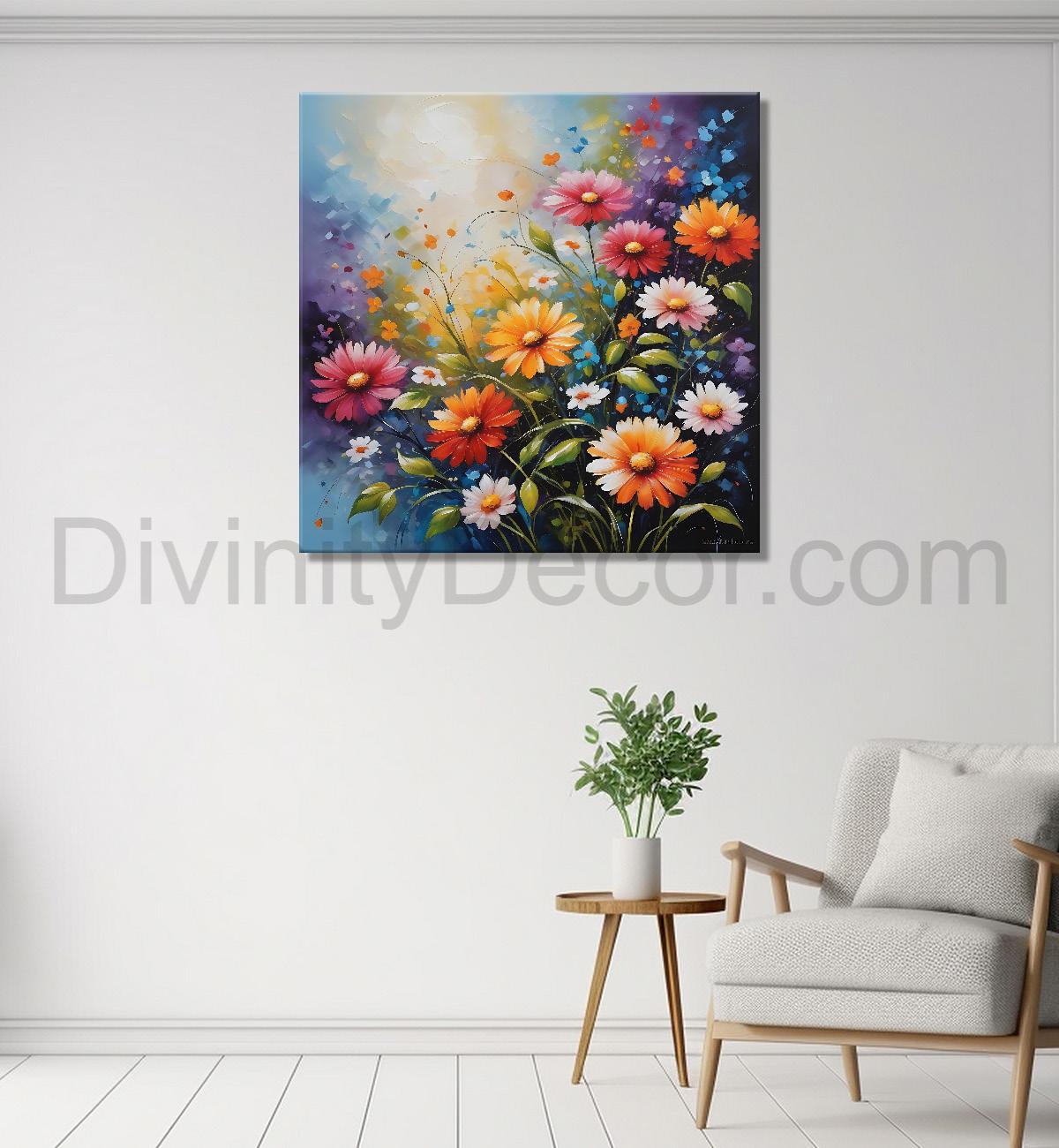 Colourful flowers in blue textured painting - Flower-S-168