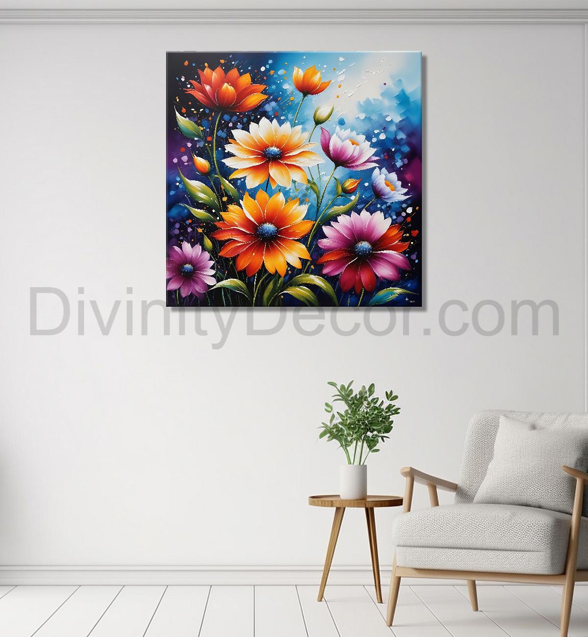 Colourful flowers in blue textured painting - Flower-S-169