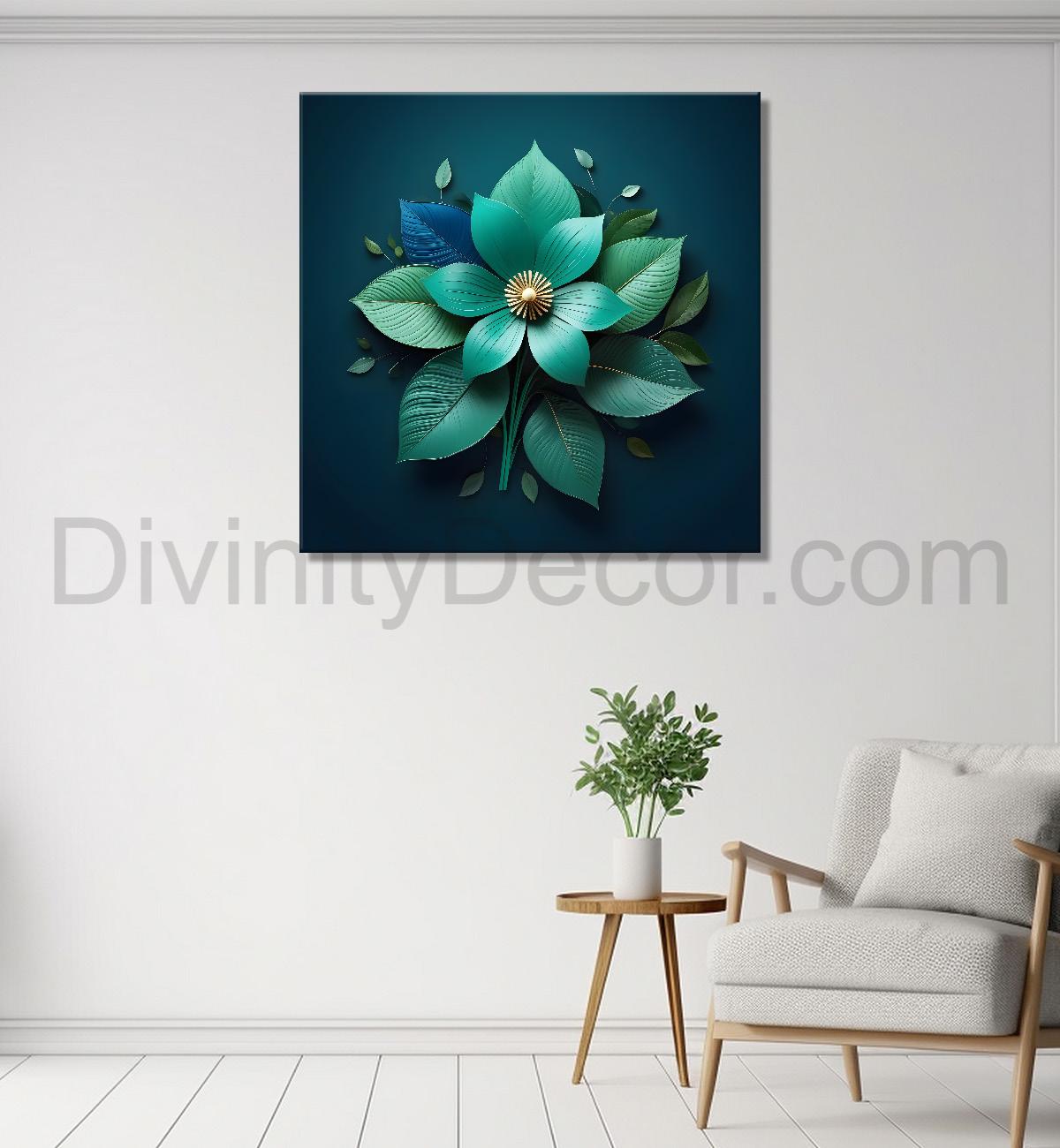 Green flower in dark green textured painting  - Flower-S-189