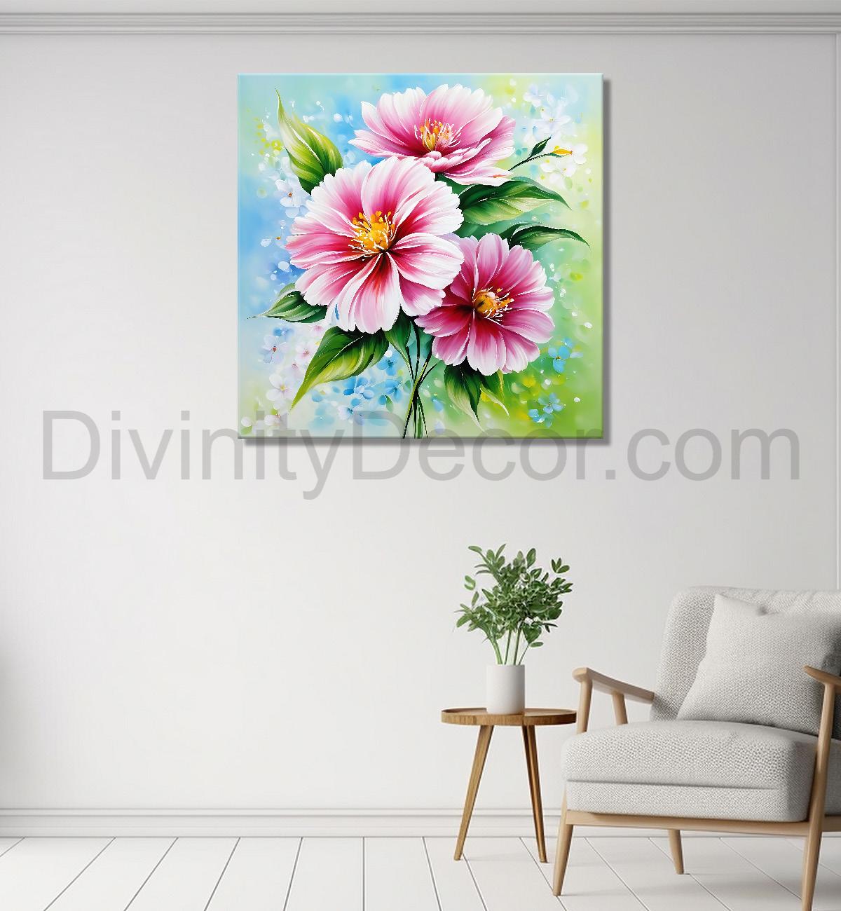 Pnk flowers in green textured painting - Flower-S-190