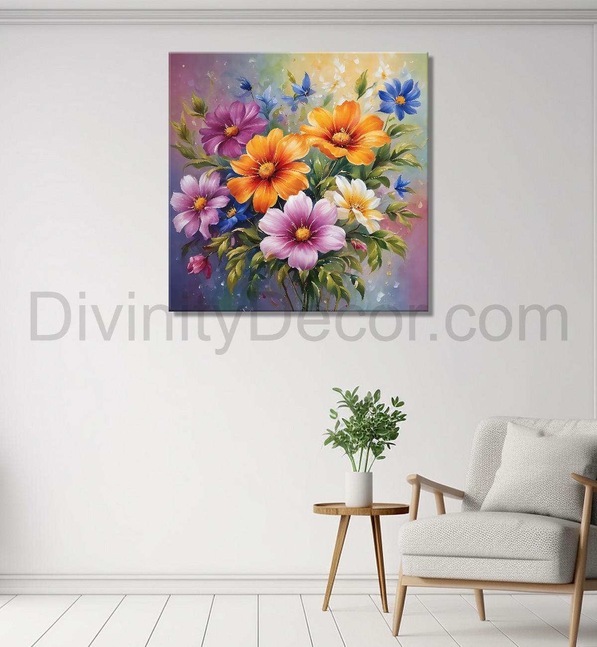 Colourful flowers in pink and grey background textured painting  - Flower-S-191