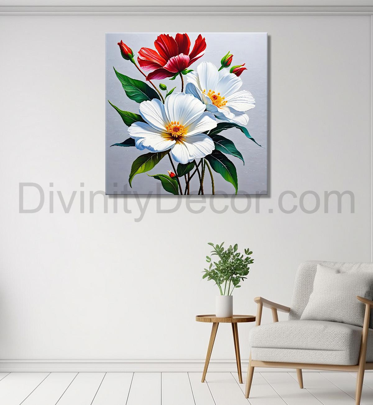 Red and white flowers in grey textured painting - Flower-S-192