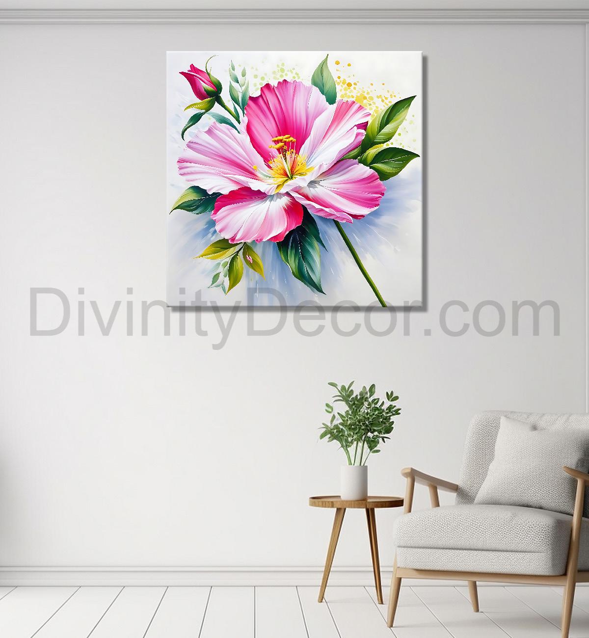 Pink flowers in grey textured painting - Flower-S-193