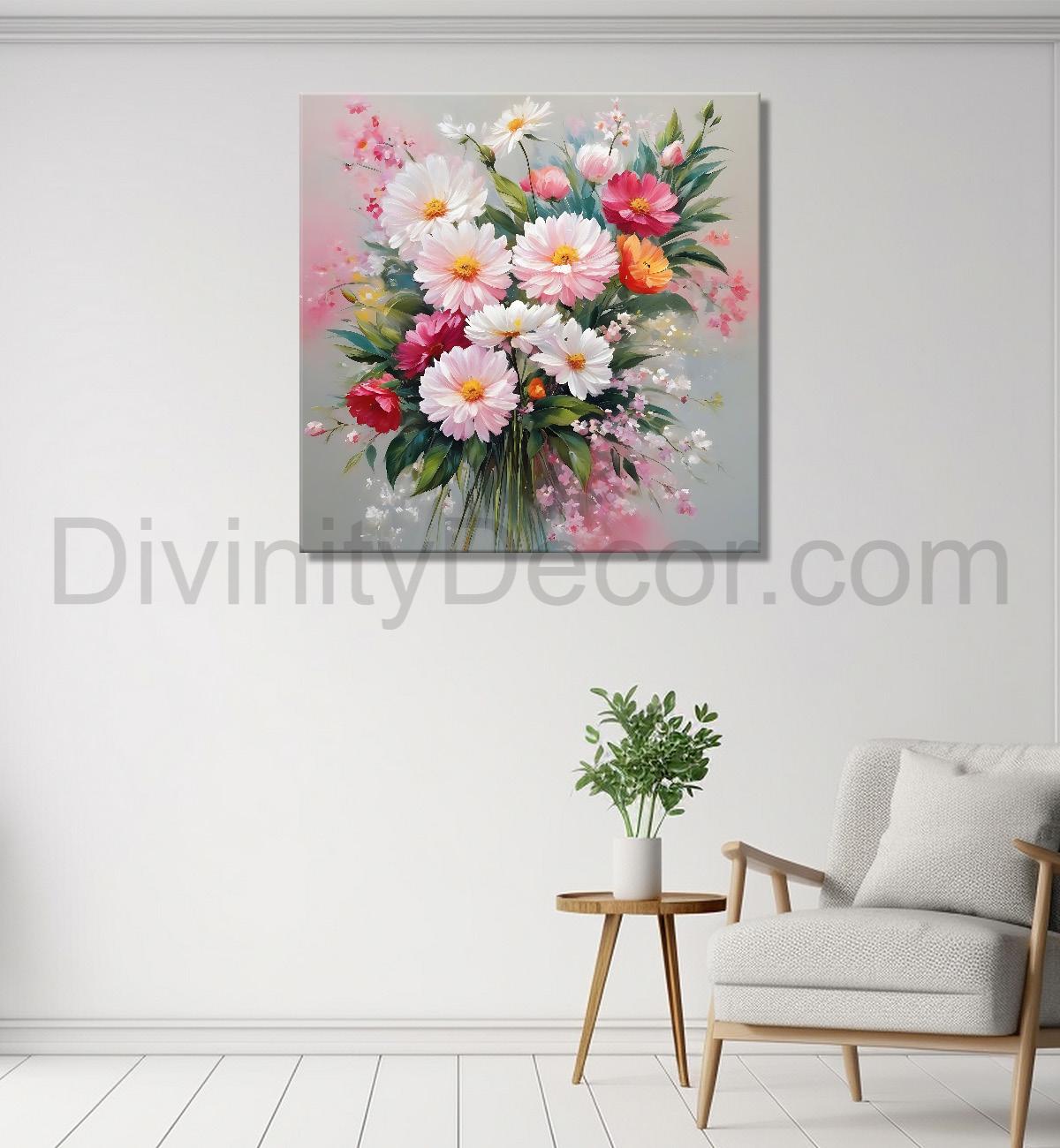 Colourful flowers in pink and grey background textured painting - Flower-S-194