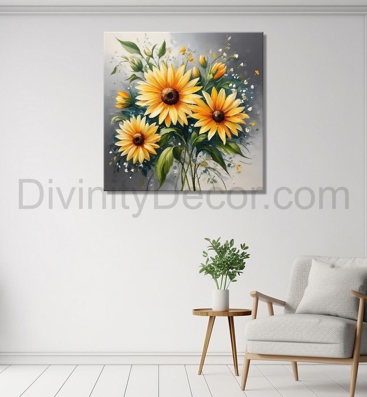 Sunflowers in grey textured painting - Flower-S-195