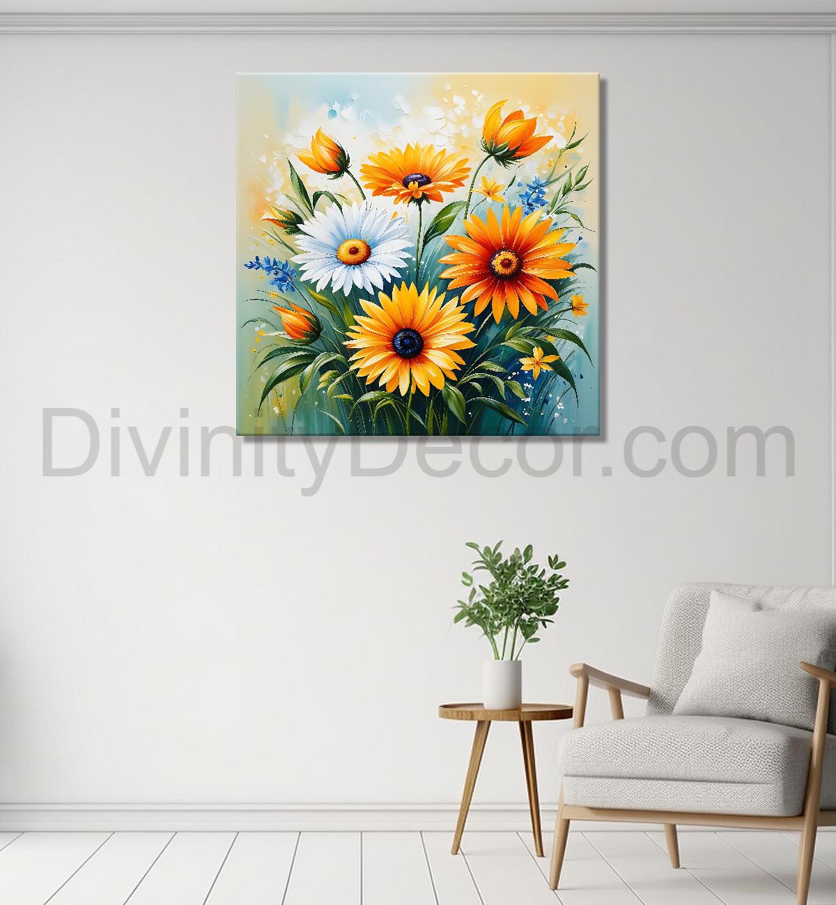 Sunflowers in blue and yellow textured painting - Flower-S-197