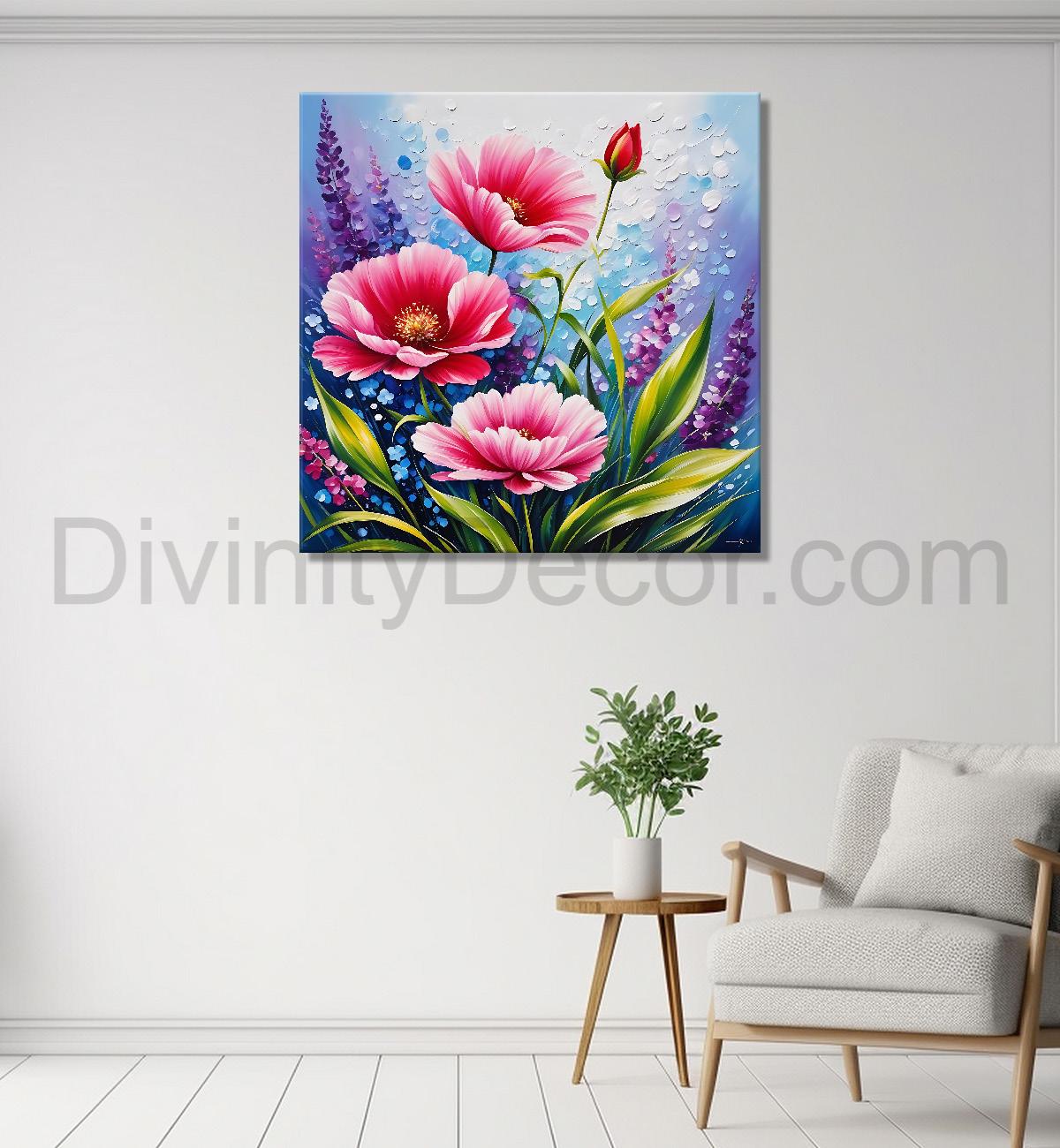 Pink flowers in blue background textured painting - Flower-S-198