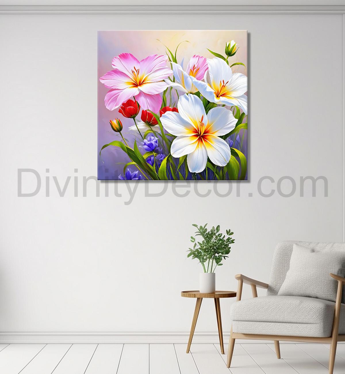 White and pink flowers in grey textured painting - Flower-S-199