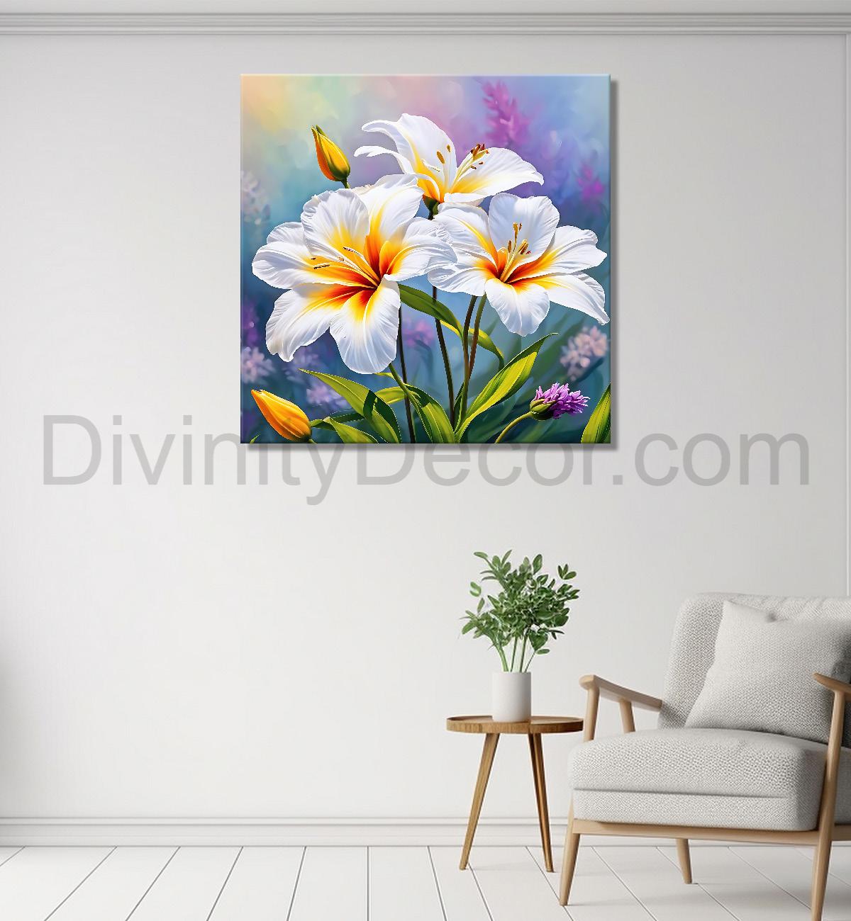 White flowers in purple background painting - Flower-S-202