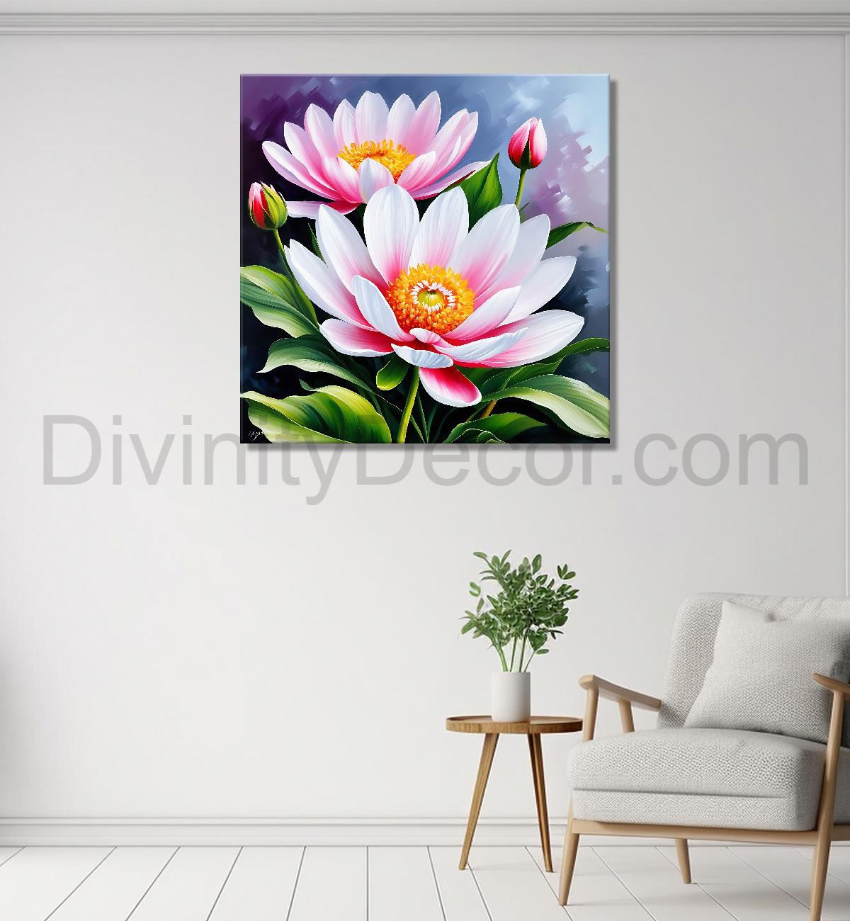 Pink flowers in blue background textured painting - Flower-S-203