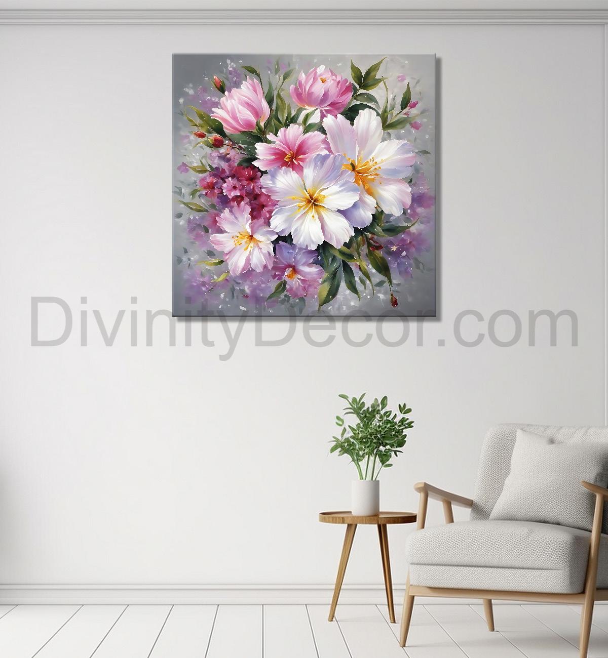 Pink and white flowers in grey textured painting - Flower-S-205