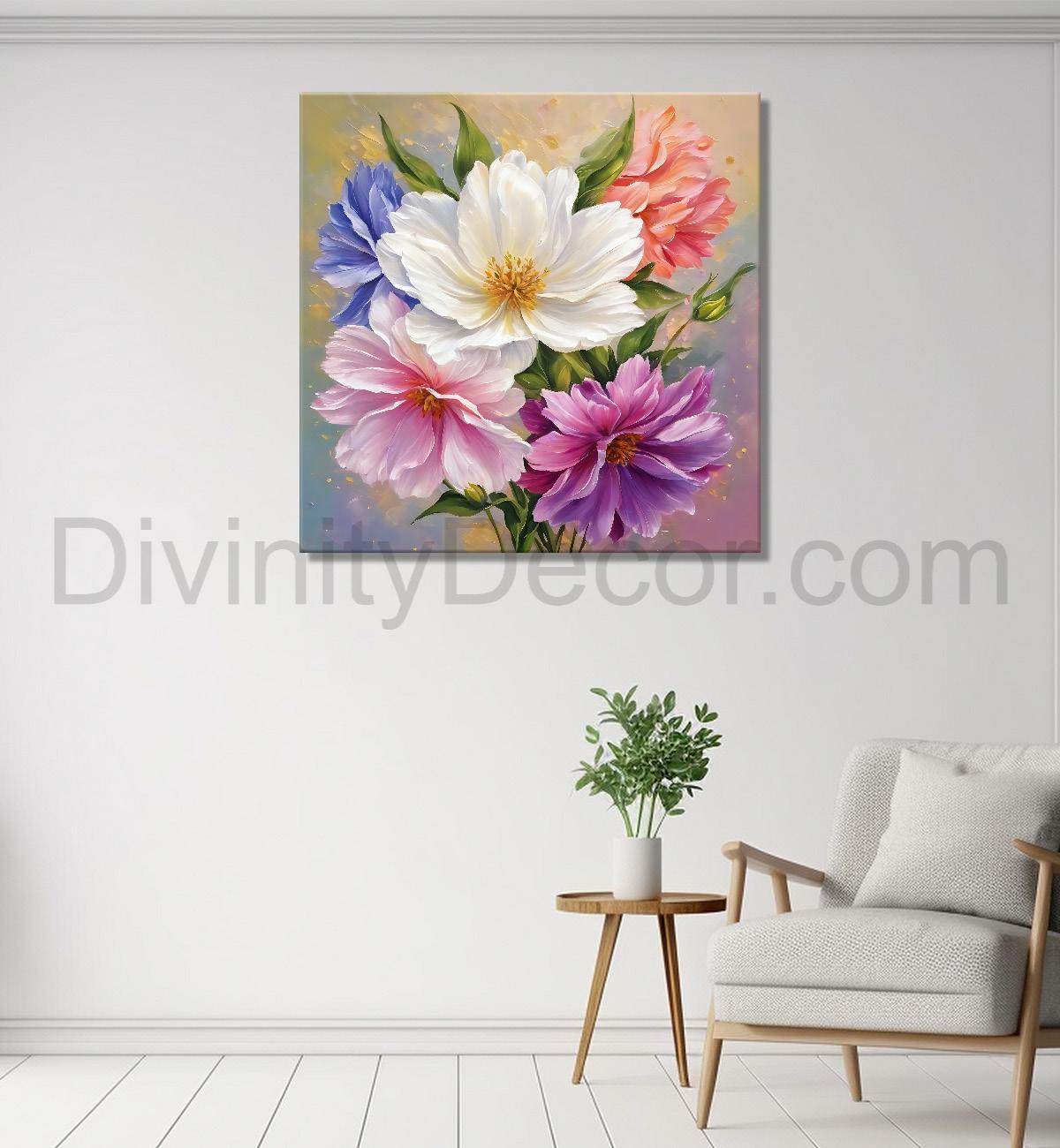 Pink and white flowers in light brown textured art - Flower-S-207