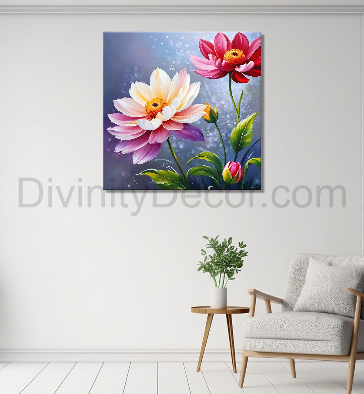 Pink flowers in grey textured painting - Flower-S-209