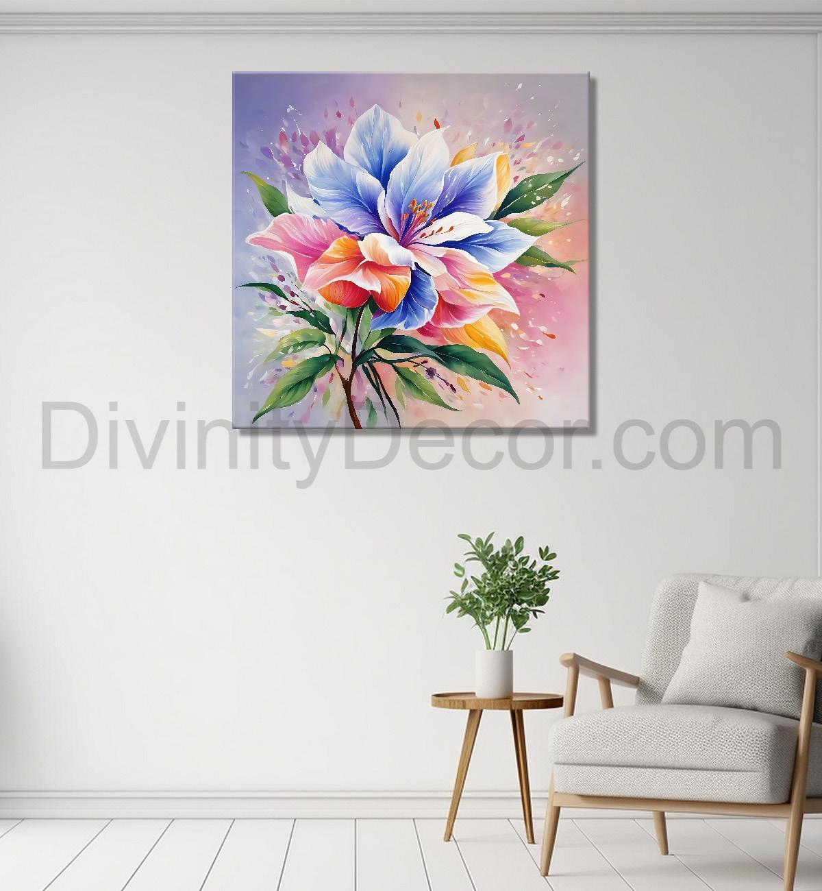 Blue and pink flowers textured painting - Flower-S-211