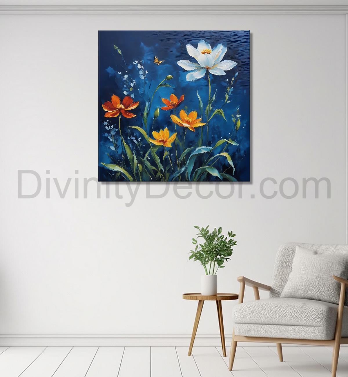 White and orange flowers in navy blue painting - Flower-S-215