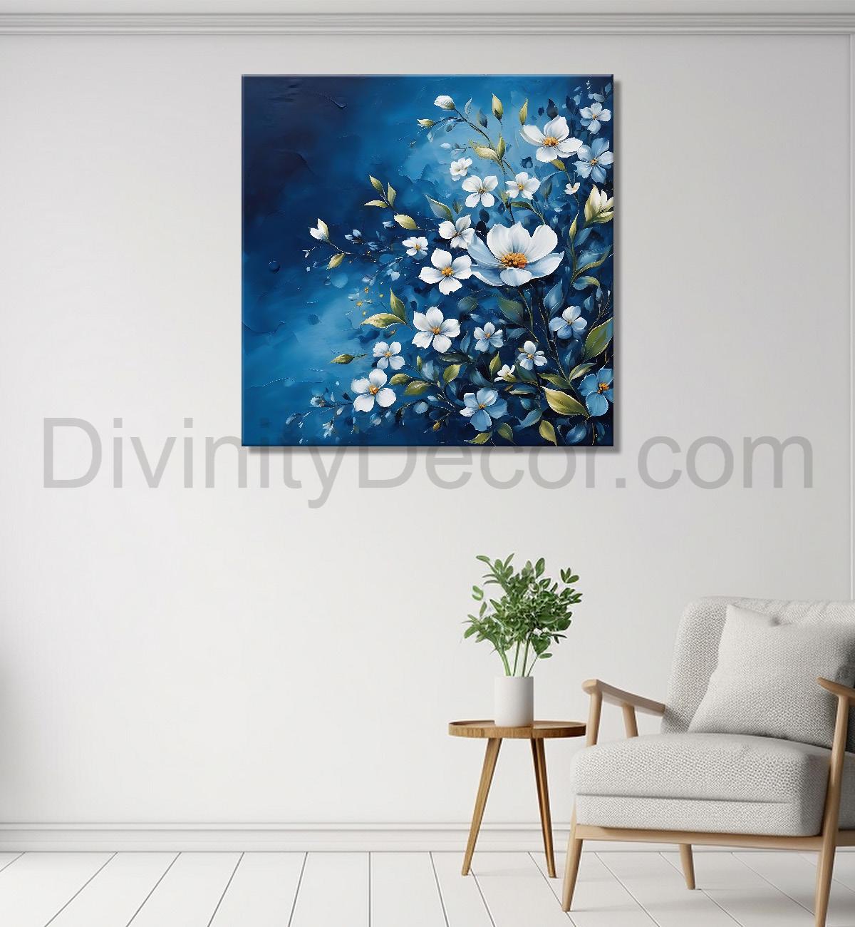White flowers in navy blue textured painting - Flower-S-216