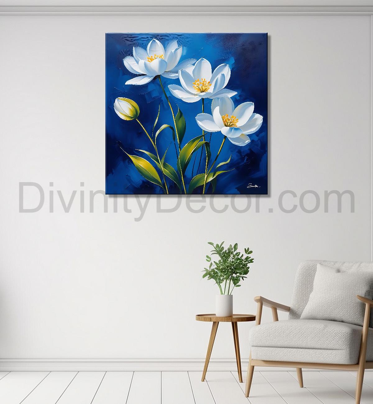 White flowers in navy blue textured painting - Flower-S-218