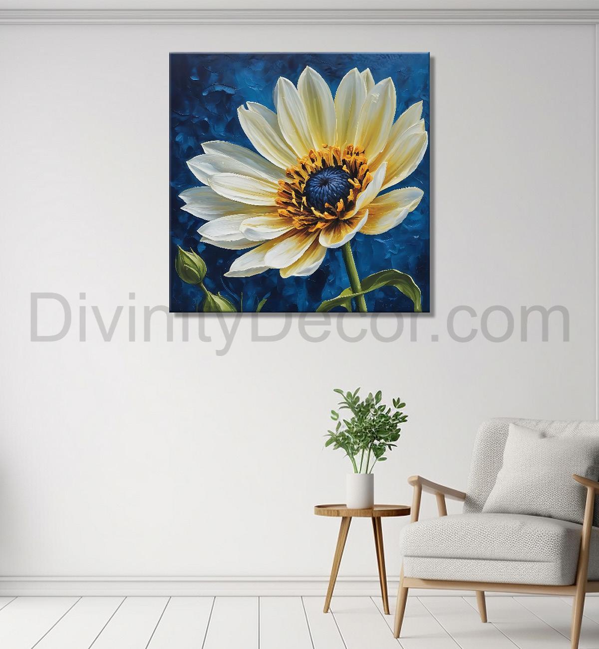 White flower in navy blue textured painting - Flower-S-219