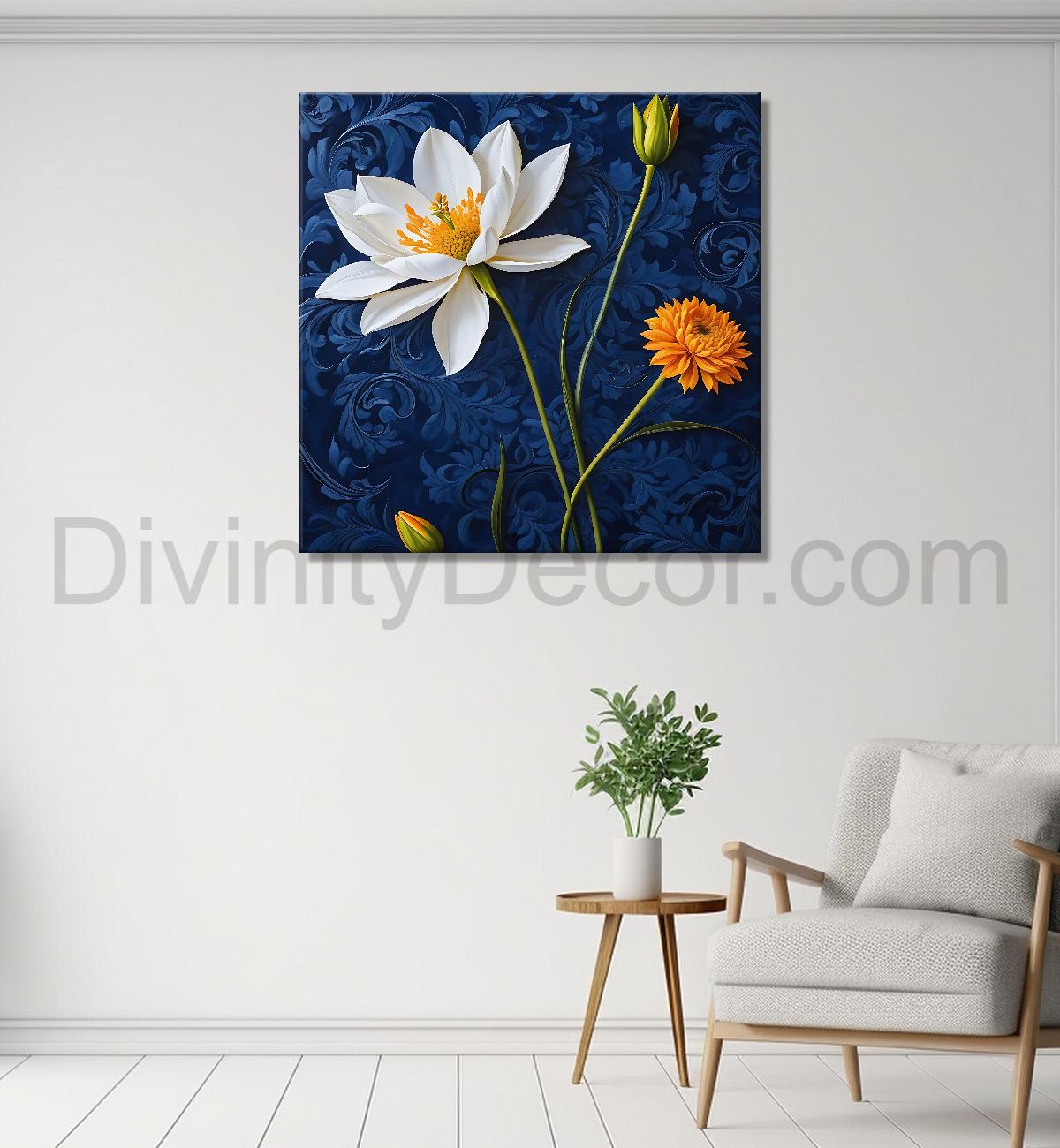 White flower in navy blue textured painting - Flower-S-220