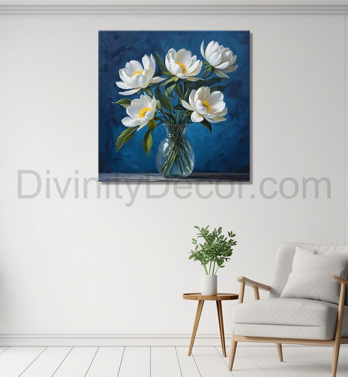 White flowers in navy blue textured painting - Flower-S-221