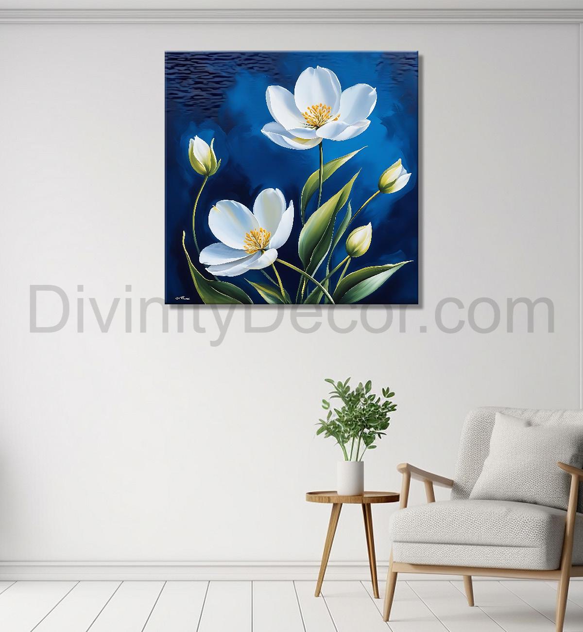 White flowers in navy blue textured painting - Flower-S-222