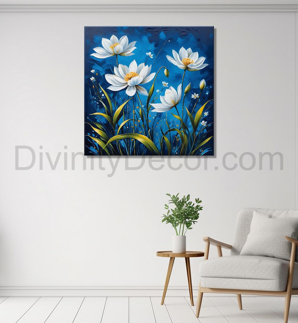 White flowers in navy blue textured painting  - Flower-S-223