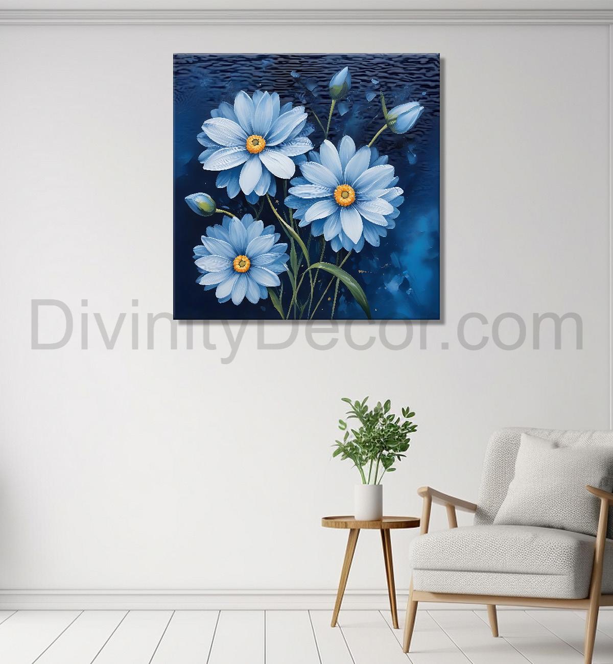 White flowers in navy blue textured painting - Flower-S-224