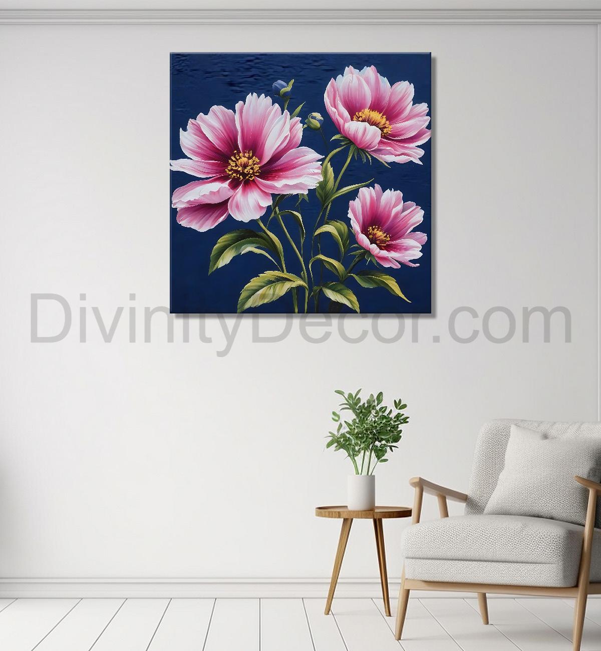 Pink flowers in navy blue textured painting - Flower-S-225