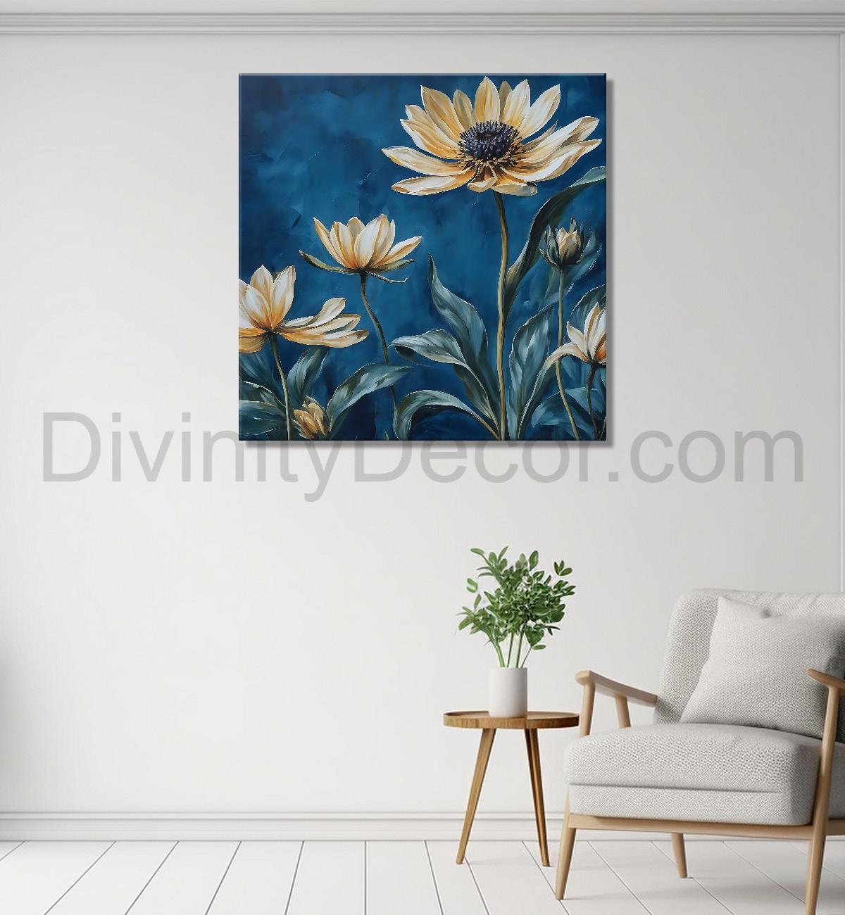 Yellow flowers in navy blue textured painting - Flower-S-226