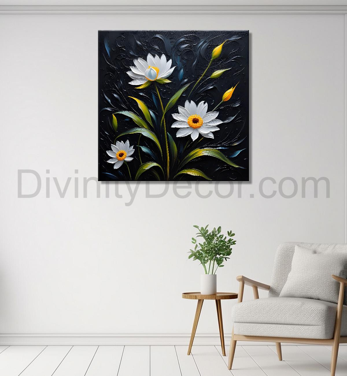 White flowers in navy blue textured painting - Flower-S-227