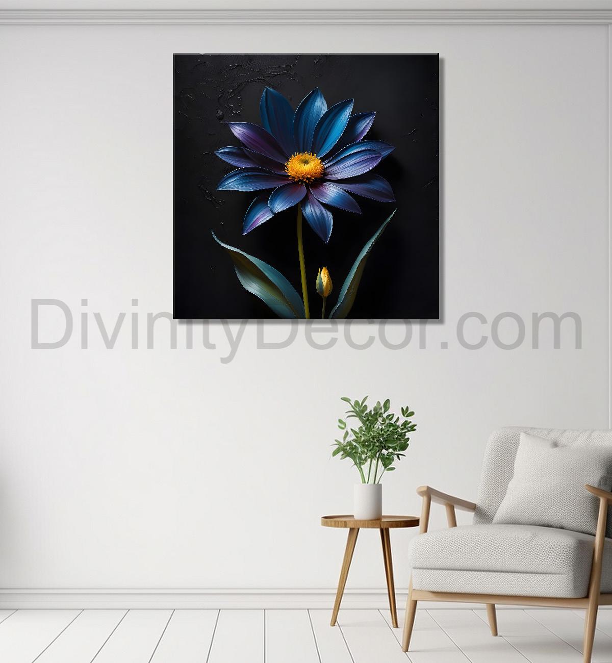 Blue flowers in navy blue textured painting  - Flower-S-228