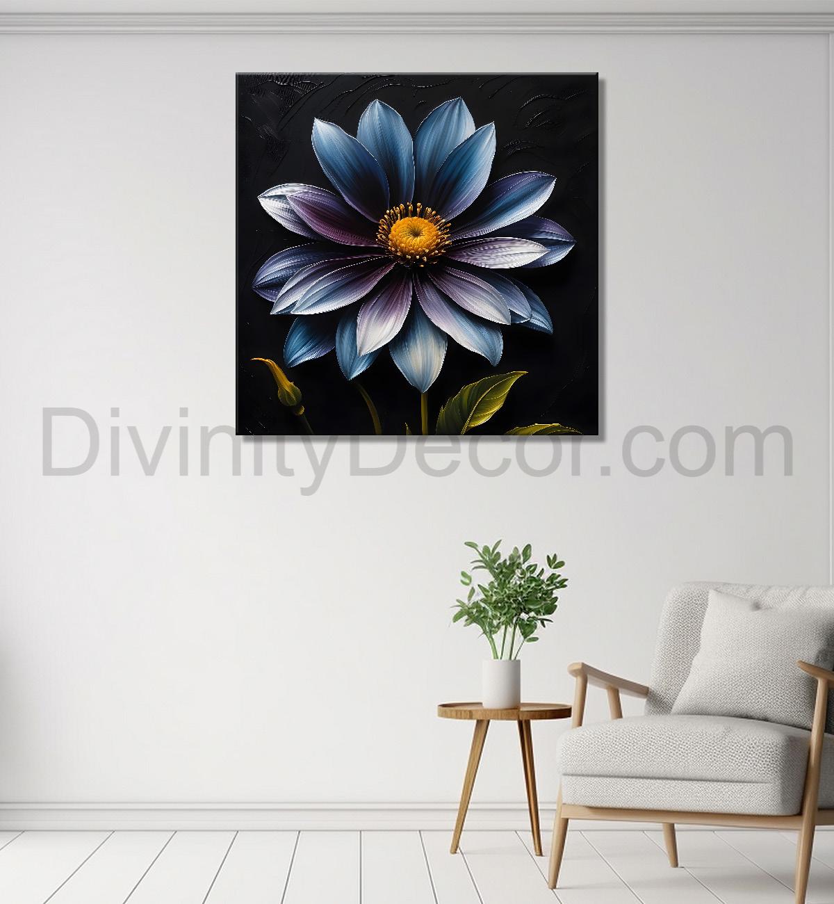 Blue flowers in navy blue textured painting - Flower-S-229