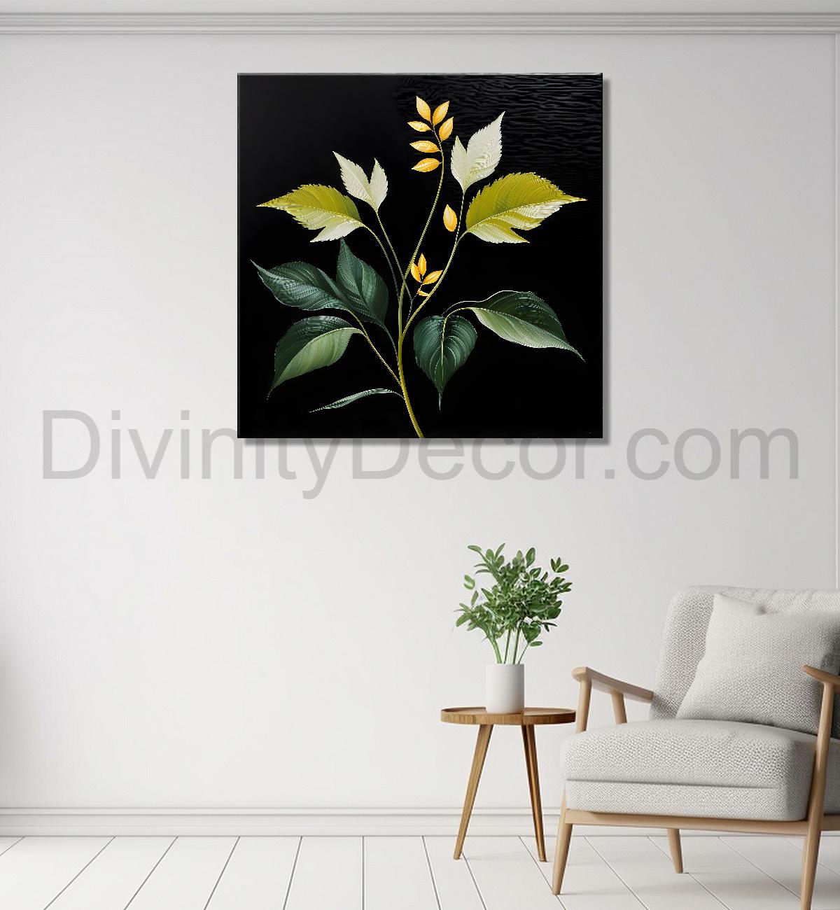 Yellow leaves in black background painting - Flower-S-259