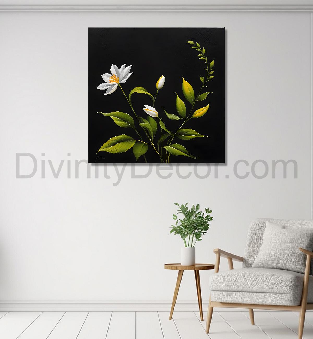 White flowers in black background painting - Flower-S-264