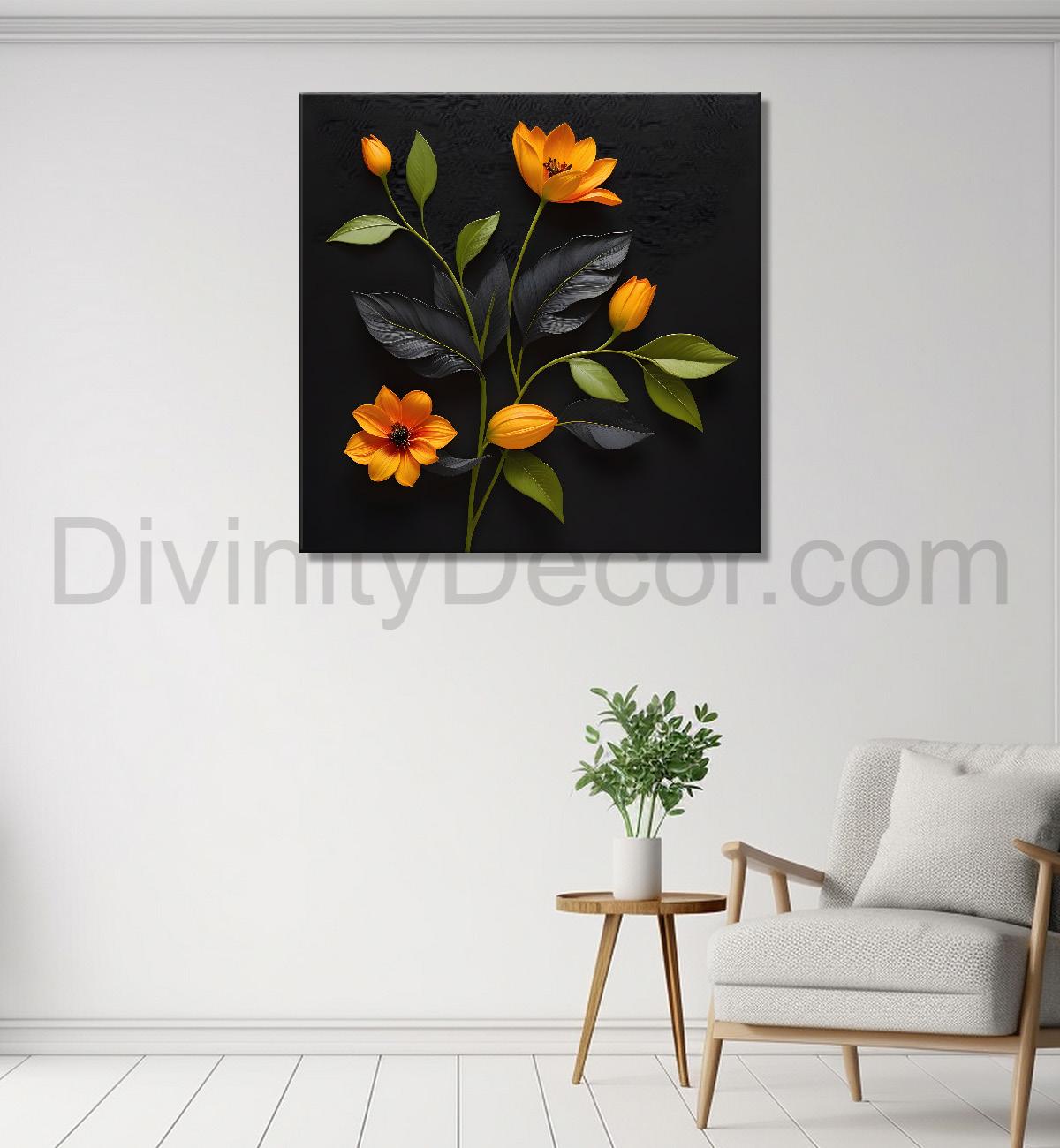 Yellow flowers in black background painting - Flower-S-265