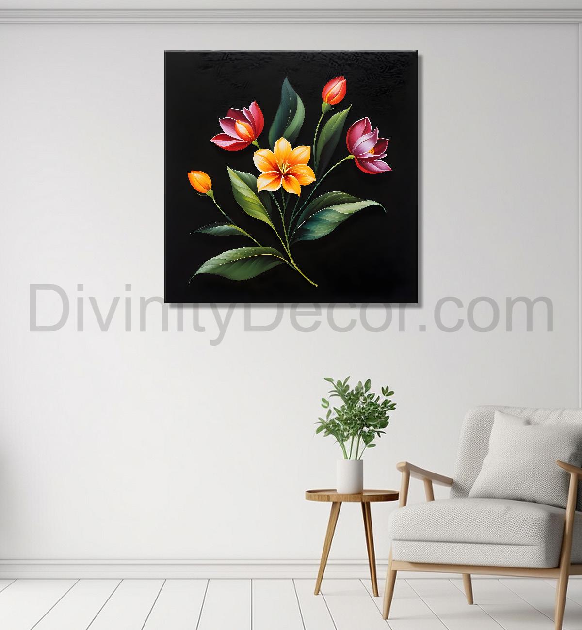 Colourful flowers in black background painting - Flower-S-267