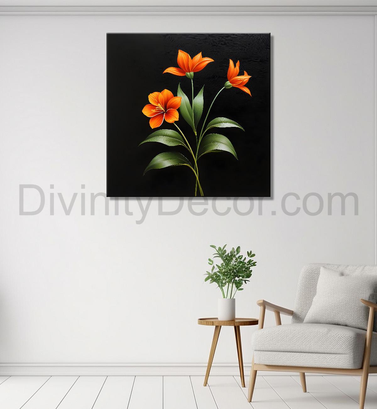 Orange flowers in black background painting - Flower-S-270